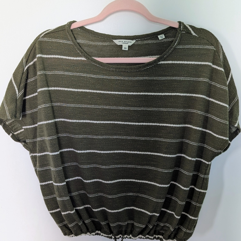 Max Studio Khaki and Cream Striped Short Sleeve Tee
